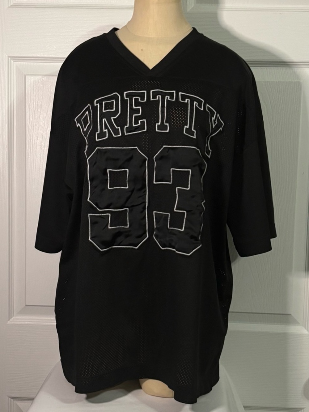 Divided Black Mesh 'PRETTY 93' V-Neck Oversized Jersey